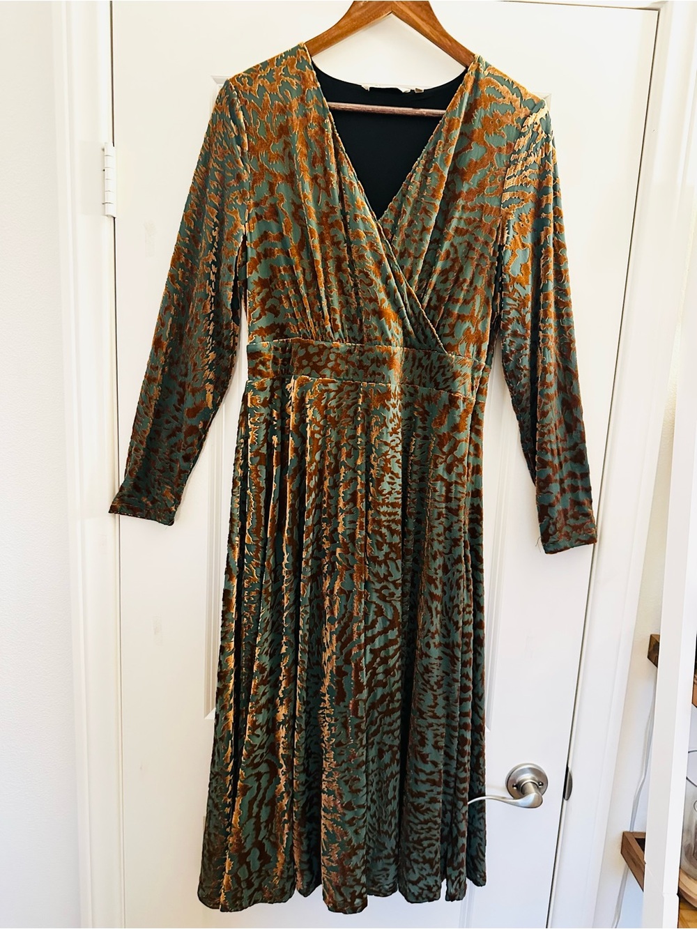Soft Surroundings Green and Brown Printed Velvet Wrap Midi Dress